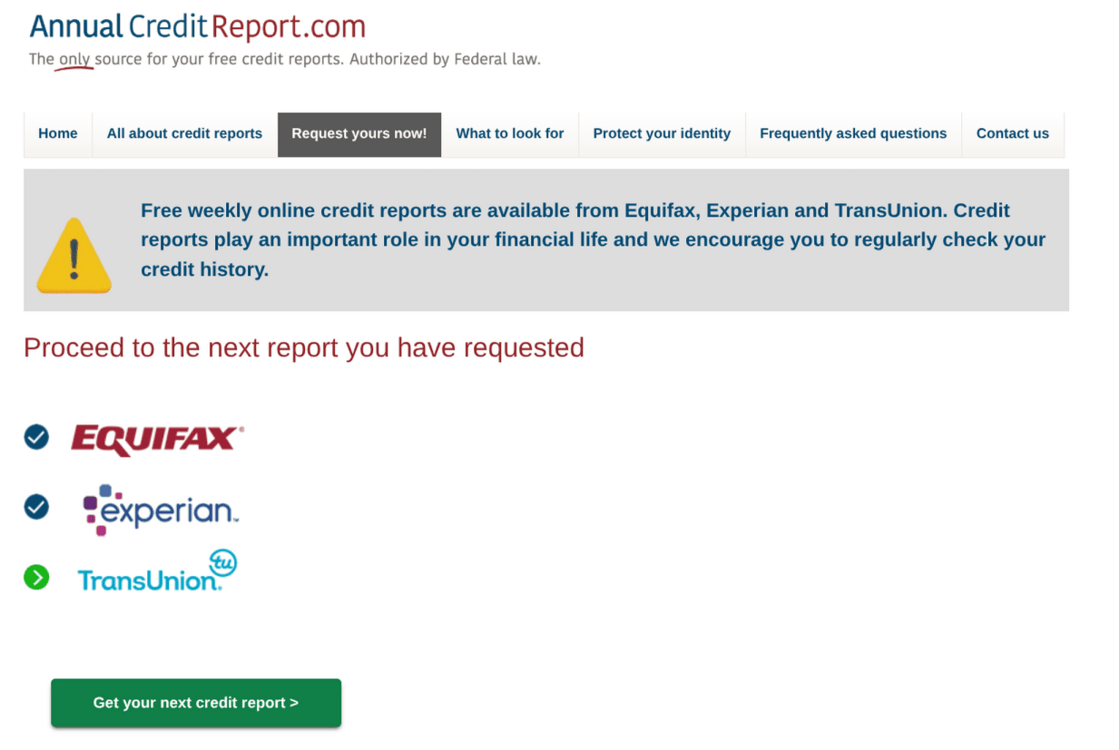 AnnualCreditReport.com hub showing Equifax, Experian, TransUnion