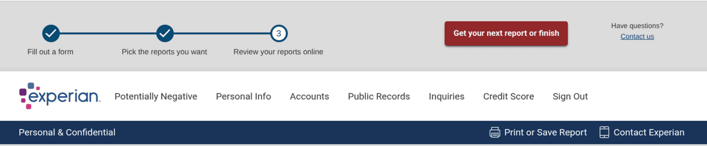 Experian report header with Print or Save Report