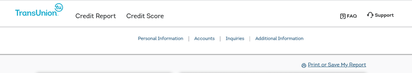 TransUnion report header with Print or Save My Report