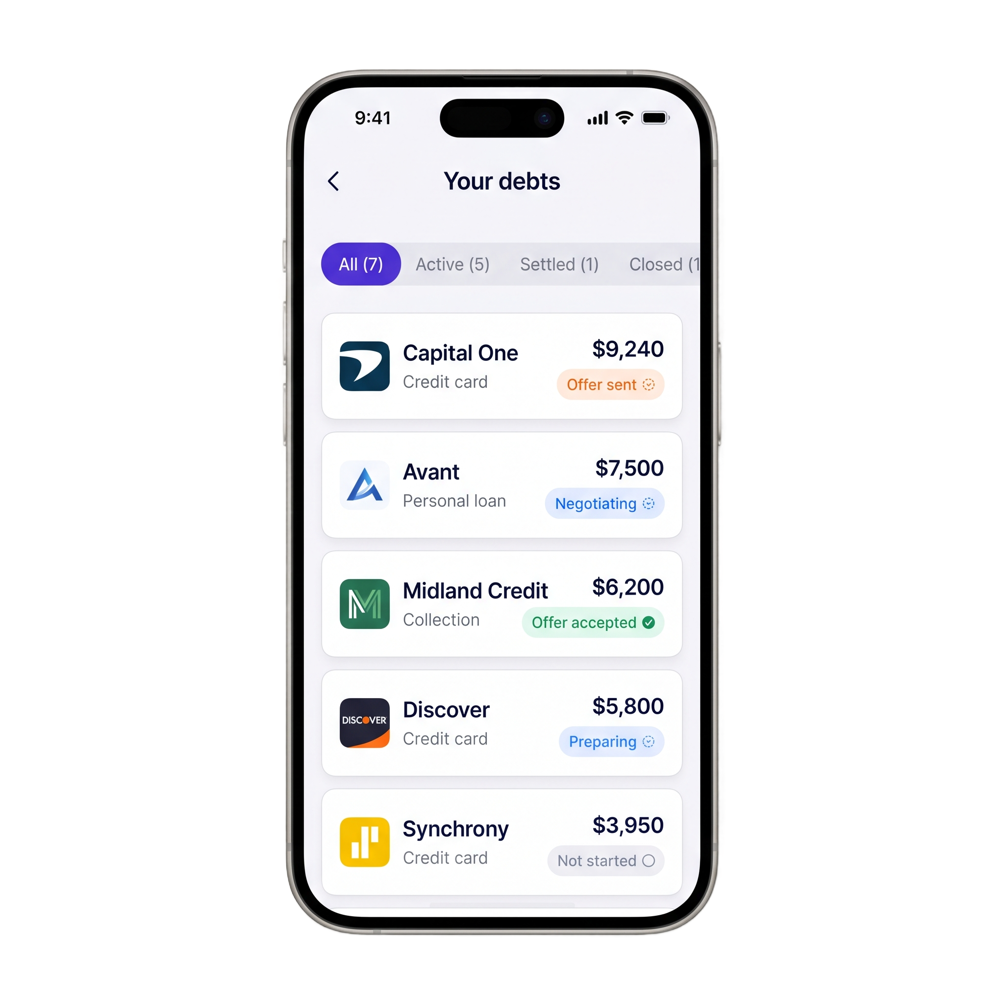Settle’s Your debts screen, showing balances and offer statuses for Capital One, Avant, Midland Credit, Discover, and Synchrony.