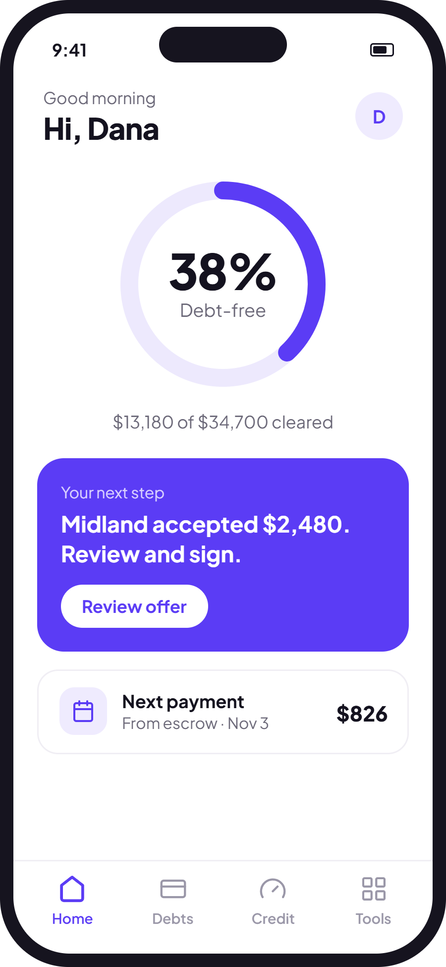 The Settle app home — 38% debt-free and your next step