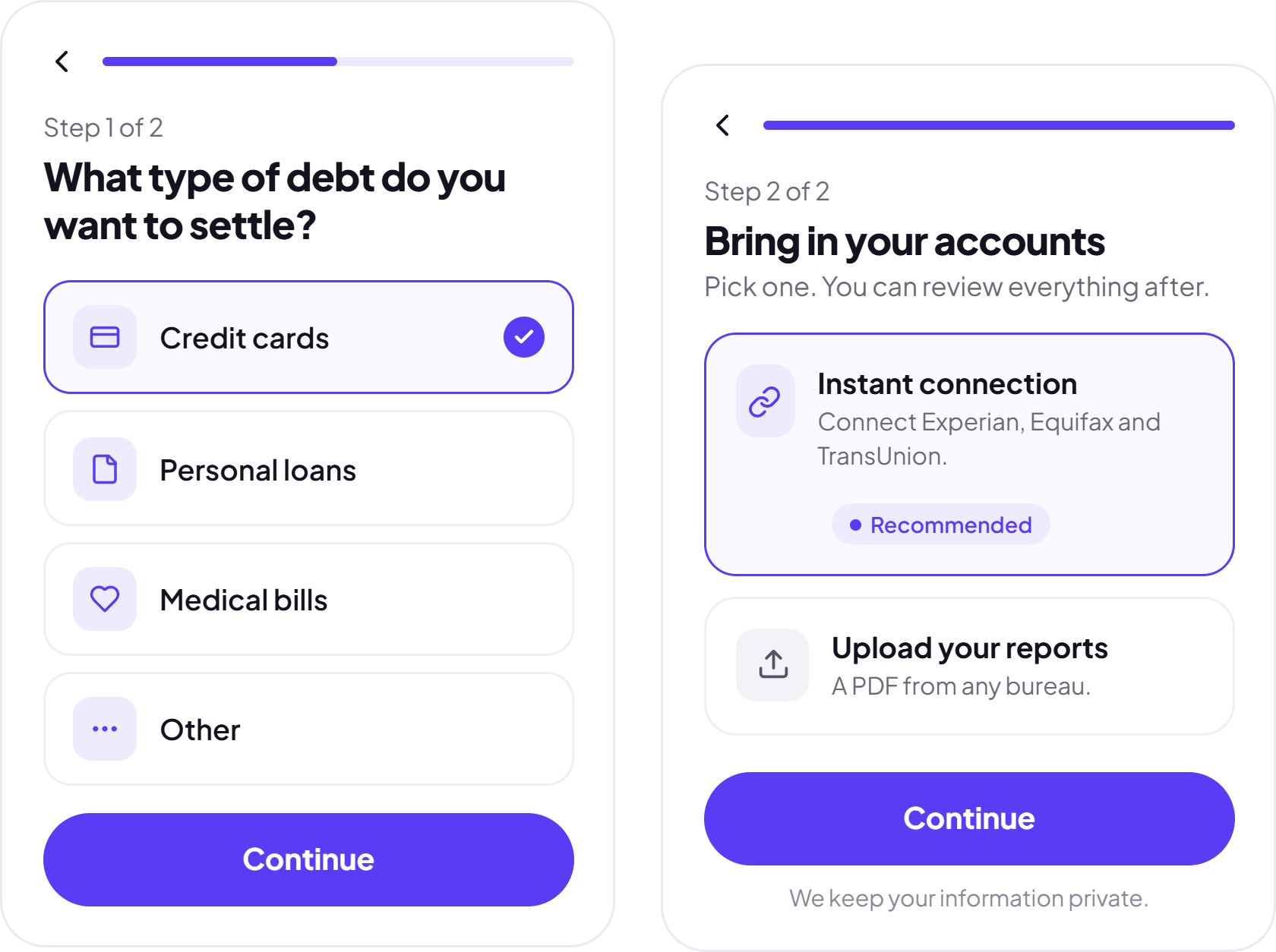 Sign-up in two steps — pick your debt types, then bring in your accounts