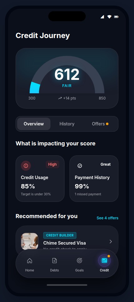 The Settle app Credit Journey screen — a 612 score gauge marked Fair and up 14 points, with what's impacting your score and recommended credit-builder offers