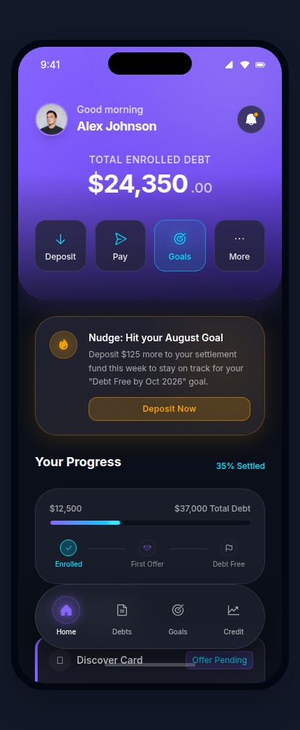 The Settle app dashboard — total enrolled debt $24,350, a nudge toward your August goal, and your progress from Enrolled to Debt Free
