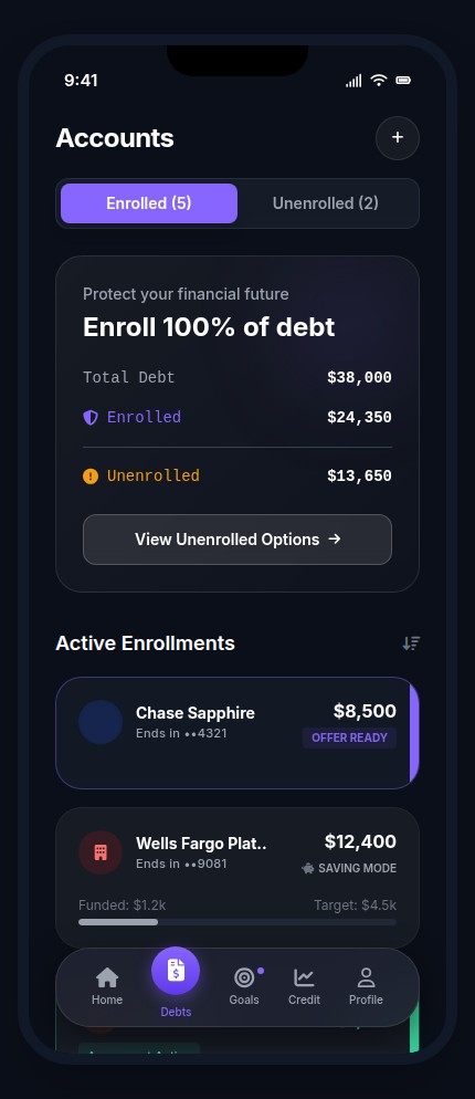 The Settle app Accounts screen — enrolled vs unenrolled debt, $38,000 total, and active enrollments like Chase Sapphire marked offer ready